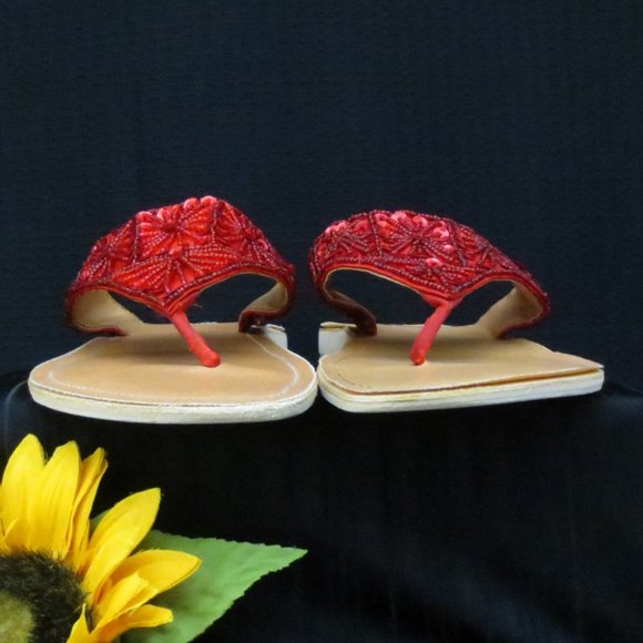 Red Hat Society Sandals Red Boho Floral Beaded Sequined Slip On Thongs Size 6.5 - Picture 5 of 13